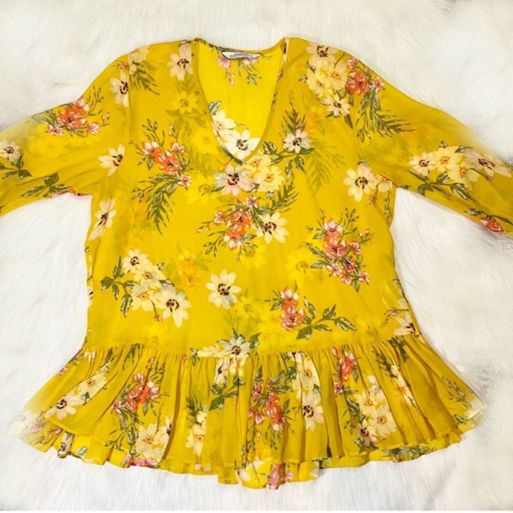 Zara Boho Blouse Oversized Floral Sheer Chiffon Yellow Top V-neck - Picture 1 of 10